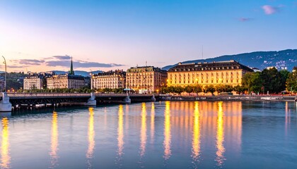 Obraz premium Beautiful Sunset over Geneva Cityscape with Lake Geneva and Illuminated Buildings Reflected in Water.