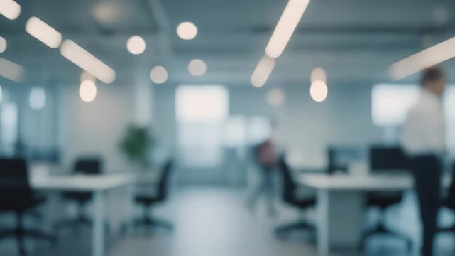 Blurred motion of people walking and working in a modern, bright open-plan office space with desk cubicles and overhead lighting creating a dynamic and productive atmosphere.