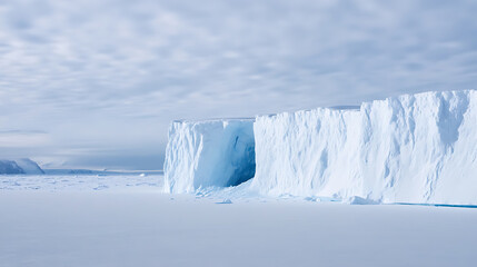 A panoramic view of a giant tabular iceberg in a desolate, icy environment, under a muted sky, showcasing the stark beauty of polar landscapes. The horizon merges with the sky.