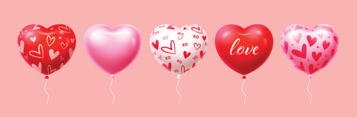 A set of five individual 3D heart-shaped balloons in red and pink, featuring patterns like small hearts, 'love' script, and 'XO' text. 