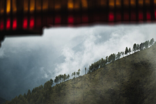 View of a sharply angled hillside covered in evergreen trees under a dramatic cloudy sky, framed by blurred red and yellow lights, Paro, Bhutan.