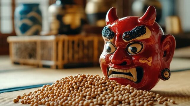 A striking red Oni mask placed next to a wooden box filled with scattered soybeans, symbolizing the Setsubun festival, a Japanese tradition for driving away evil spirits