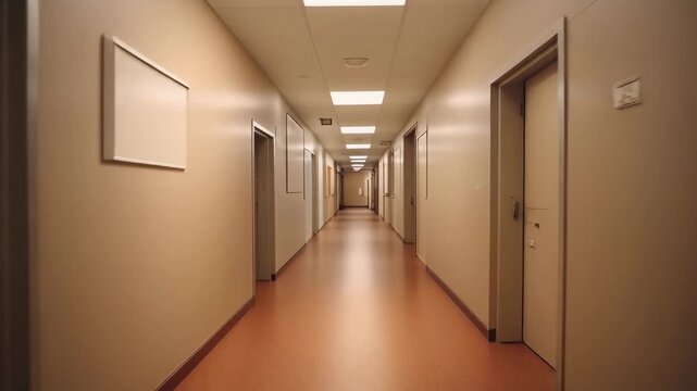 Endless hospital corridor with sterile beige walls and doors, illuminated by fluorescent ceiling lights creating a sense of depth and repetition