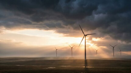 Wind turbines farm in dramatic storm clouds at sunset, renewable wind energy