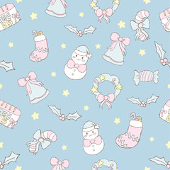 A whimsical christmas pattern of ornaments on pastel blue and pink background. Features snowman, Christmas tree bell, and stars, perfect for festive designs.