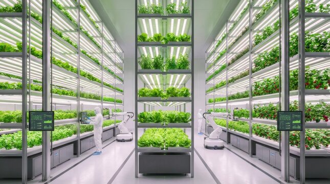 The modern vertical farming system cultivates indoor fresh produce throughout the year.