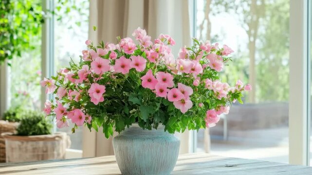 Blossoming Beauty: A vibrant display of pink flowers, nestled in an elegant vase, graces a wooden table bathed in soft daylight. The image evokes a sense of freshness and serenity.