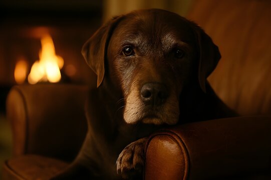 Portrait of Senior Labrador Retriever Resting by Fireplace - Powered by Adobe