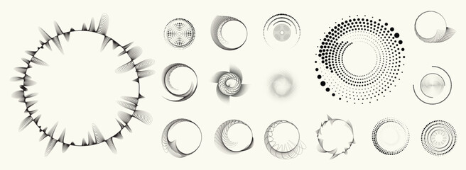 Linear, circular halftone dots circles set,  dotted ring and spiral circle shapes for modern design, technology, or motion graphic backgrounds. Dotted round elements, radial spirals, and vortex.