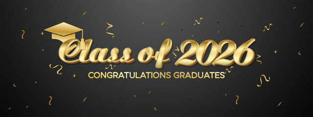 Elegant Black and Gold Class of 2026 Graduation Banner with Confetti Accents