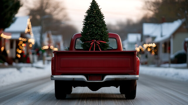 A red truck carries a Christmas tree through a snowy neighborhood, the back bed secured with a red bow, spreading holiday cheer on a quiet winter evening.