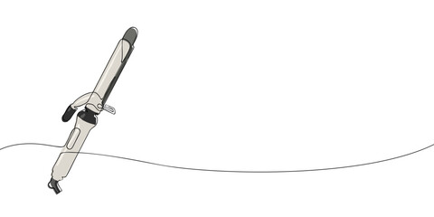 A clean line art illustration of a curling iron with a long heated barrel, clamp, and ergonomic handle