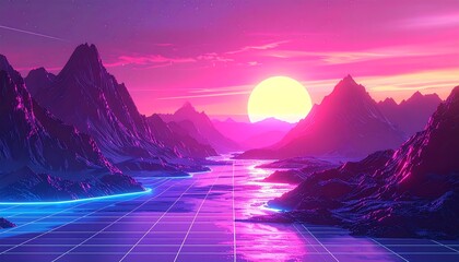 Synthwave sunset over mountains, grid texture river, bright neon pink/blue/yellow, stylized landscape