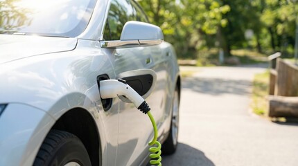 Electric car charging outdoors with cable plugged in, eco friendly mobility concept