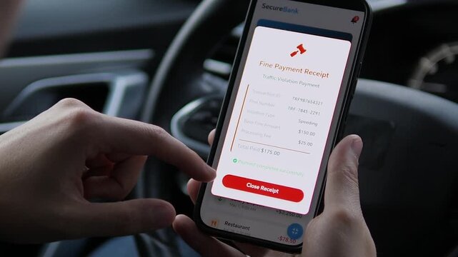 Close-up of a mans hands in a car reviewing an electronic banking receipt confirming the successful payment of a fine, complete with transaction details. This scene represents the modern, efficient