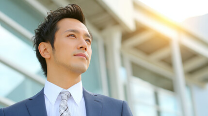 Young businessman portrait looking upward confident in modern city architecture with warm sunlight