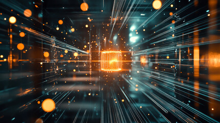 Dynamic abstract representation of a technology landscape with glowing particles and data streams in a vibrant color scheme