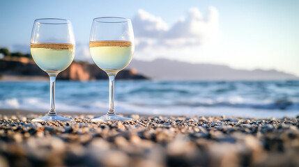 Two Glasses of White Wine on Beach, Summer Relaxation and Romantic Vacation Scene for Travel Promotion, Party Invitation, Dining Design