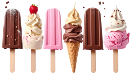 Variety of ice cream products chocolate bar vanilla soft serve pink ice cream bar on a transparent background