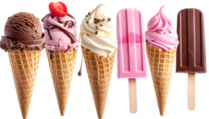 Variety of ice cream products chocolate bar vanilla soft serve pink ice cream bar on a transparent background