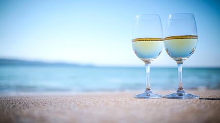 Summer Beach with Two Glasses of White Wine for Relaxation, Vacation, Romantic Party, Beverage Banner Design
