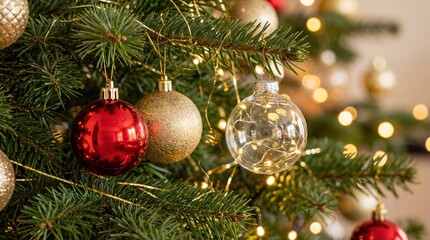 Close-Up of Christmas Ornaments on Festive Tree