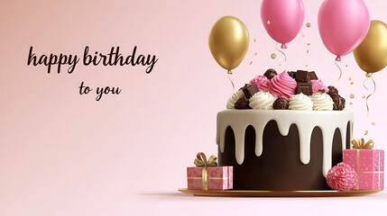 Chocolate Birthday Cake with Pink and Gold Balloons and Gift Boxes for Party Invitation, Greeting Card, Celebration Background
