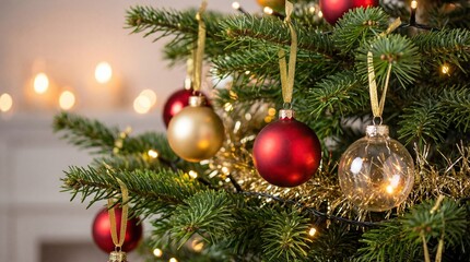 Close-Up of Christmas Ornaments on Festive Tree