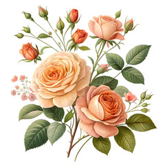 3D botanical illustration of lush blooming roses