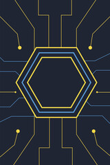 Modern abstract background pattern featuring blue and yellow hexagons with geometric connecting lines. Perfect for technology designs, posters, presentations, branding elements, digital layouts