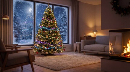 Neon Christmas Tree in Cozy Living Room with Snowy Window