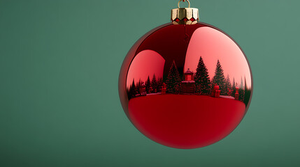 A vibrant red sphere, reminiscent of a holiday ornament, hangs against a serene green backdrop, reflecting a wintry landscape in its glossy surface. Festive season.