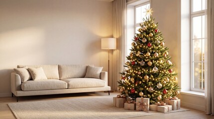 Christmas Tree in Cozy Living Room with Snowy Window