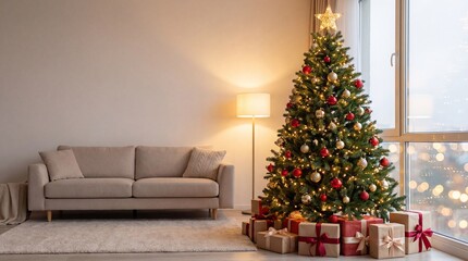 Neon Christmas Tree in Cozy Living Room with Snowy Window