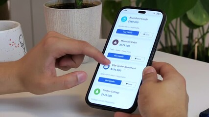 Hands of a buyer efficiently navigating a real estate portal, filtering through numerous listings until finding a suitable apartment or house to explore further. 