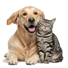 Obraz premium golden-blonde golden retriever gently leaning next to a peaceful mackerel tabby cat with closed eyes. photorealistic studio portrait, high-key lighting on a transparent background. concept of deep