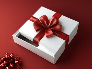 White Gift Box with Red Ribbon Bow Premium Packaging Design for Holiday Present, Celebration, Wedding, Birthday Decoration