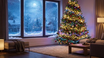 Neon Christmas Tree in Cozy Living Room with Snowy Window