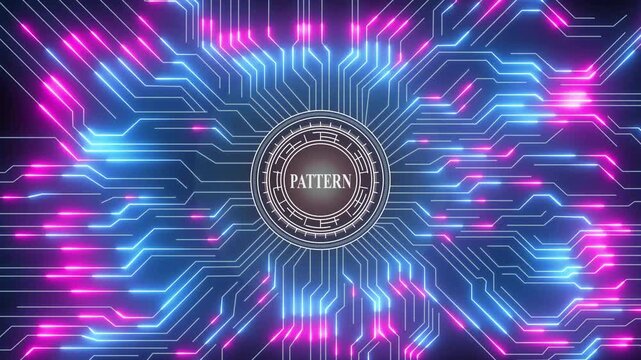 Neon Circuit Board Pattern Abstract Technology Background Blue Pink Light Trails Data Flow Digital Network Connection Futuristic Grid
