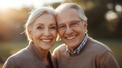 A joyful elderly couple smiles warmly at the camera, surrounded by nature, showcasing love and companionship in a sunlit setting.