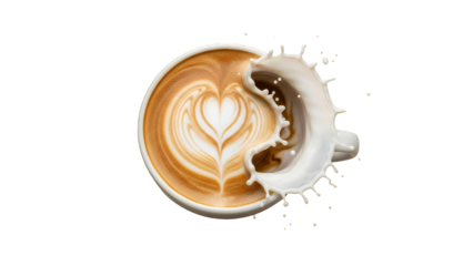Dynamic milk splash erupting from a warm coffee latte mug, adorned with delicate heart-shaped latte art, capturing movement and a refreshing vibe, isolated on transparent background