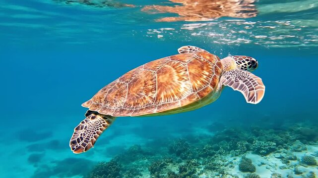 Majestic Green Sea Turtle Swimming Gracefully In Clear Ocean Water.