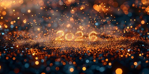Panoramic View of Sparkling Golden 2026 Numbers with Bokeh and Light Effects