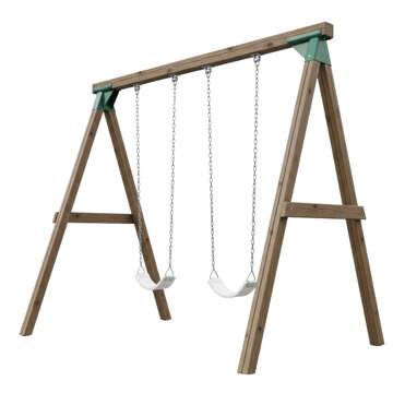 Photorealistic render of a robust dark wood a-frame swing set with two still empty white seats, isolated on a transparent studio background. Concept of solitary childhood nostalgia