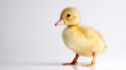 Fototapeta premium Cute Yellow Duckling Stand Alone On White Background Studio Portrait Close-Up, Adorable Baby Bird