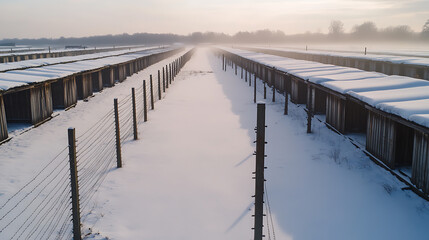 Naklejka premium Winter's grip on a somber landscape. Snow blankets the structures and fences, painting a stark, frozen scene. The cold whispers tales of what it has seen over time.