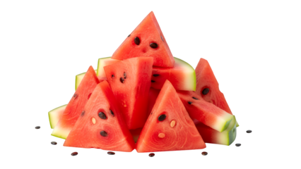 Fresh red watermelon slices, triangular cuts with visible black seeds, piled attractively, isolated on transparent background, symbolizing healthy summer refreshment