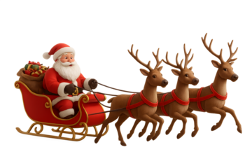 Santa Claus riding in a red sleigh pulled by four reindeer, isolated on transparent background. Traditional Christmas scene with Santa delivering gifts. Festive holiday concept with realistic 3D rende