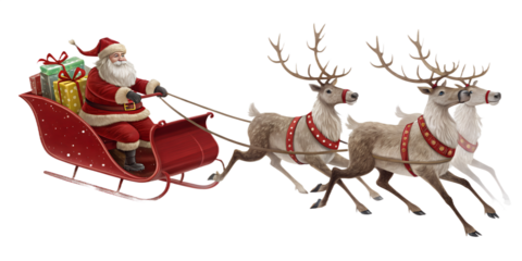 Santa Claus riding in a red sleigh pulled by four reindeer, isolated on transparent background. Traditional Christmas scene with Santa delivering gifts. Festive holiday concept with realistic 3D rende