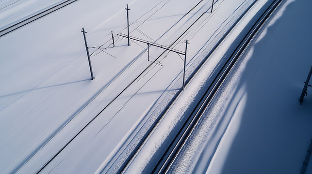 Aerial view of snow-covered tracks with parallel lines and utility poles casting long shadows. A monochrome winter landscape showing simplicity in nature’s geometry. - Powered by Adobe
